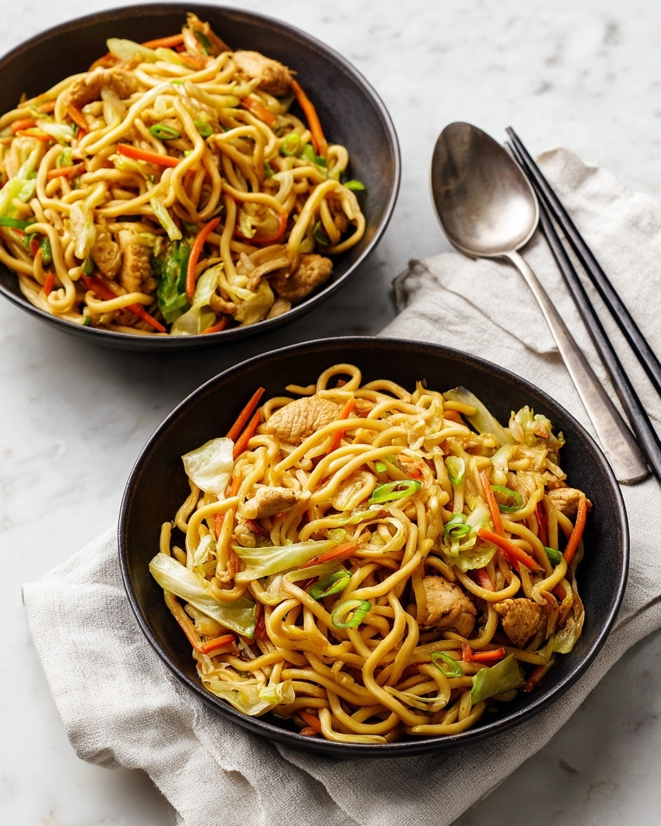 Two dark round bowls filled with stir-fried noodles mixed with thin orange carrot strips, green onion pieces, light green cabbage, and small chunks of light brown cooked chicken. The noodles are light yellow, twisted and piled high in each bowl, mixed evenly with the vegetables and chicken. The bowls sit on a white cloth on a white marbled surface. To the right, there is a set of black chopsticks and a silver spoon resting on the cloth. The scene is bright and clear, emphasizing the vibrant colors and textures of the noodles and vegetables. photo taken with an iphone --ar 4:5 --v 7