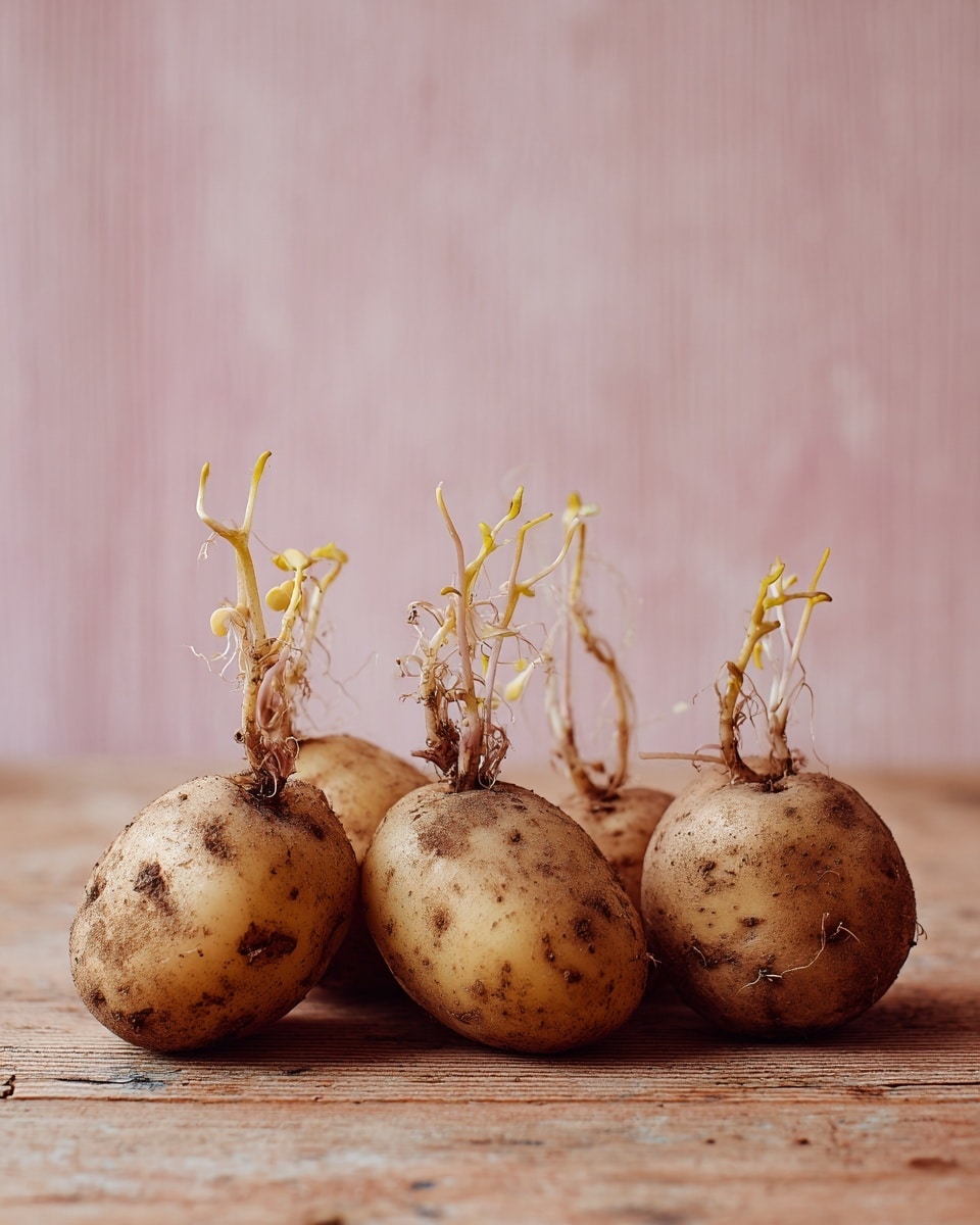 The image shows four brown potatoes with light yellow sprouts growing from them, placed closely together on a light brown wooden surface. The potatoes have rough, speckled skin with small dark spots and slightly uneven shapes. The background is soft and pink with vertical texture. photo taken with an iphone --ar 4:5 --v 7