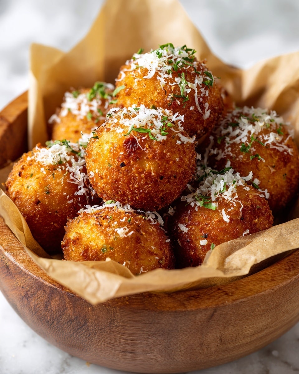 A close-up image showing a pair of hands pulling apart a crispy, golden-brown round fried snack with melted white cheese stretching between the two separated halves, sprinkled with small green herbs and some white powder on top. Behind it, a white bowl contains more of these fried rounds, all with a crunchy outer layer and a soft inside. The scene is set on a white marbled surface with soft natural lighting. photo taken with an iphone --ar 4:5 --v 7