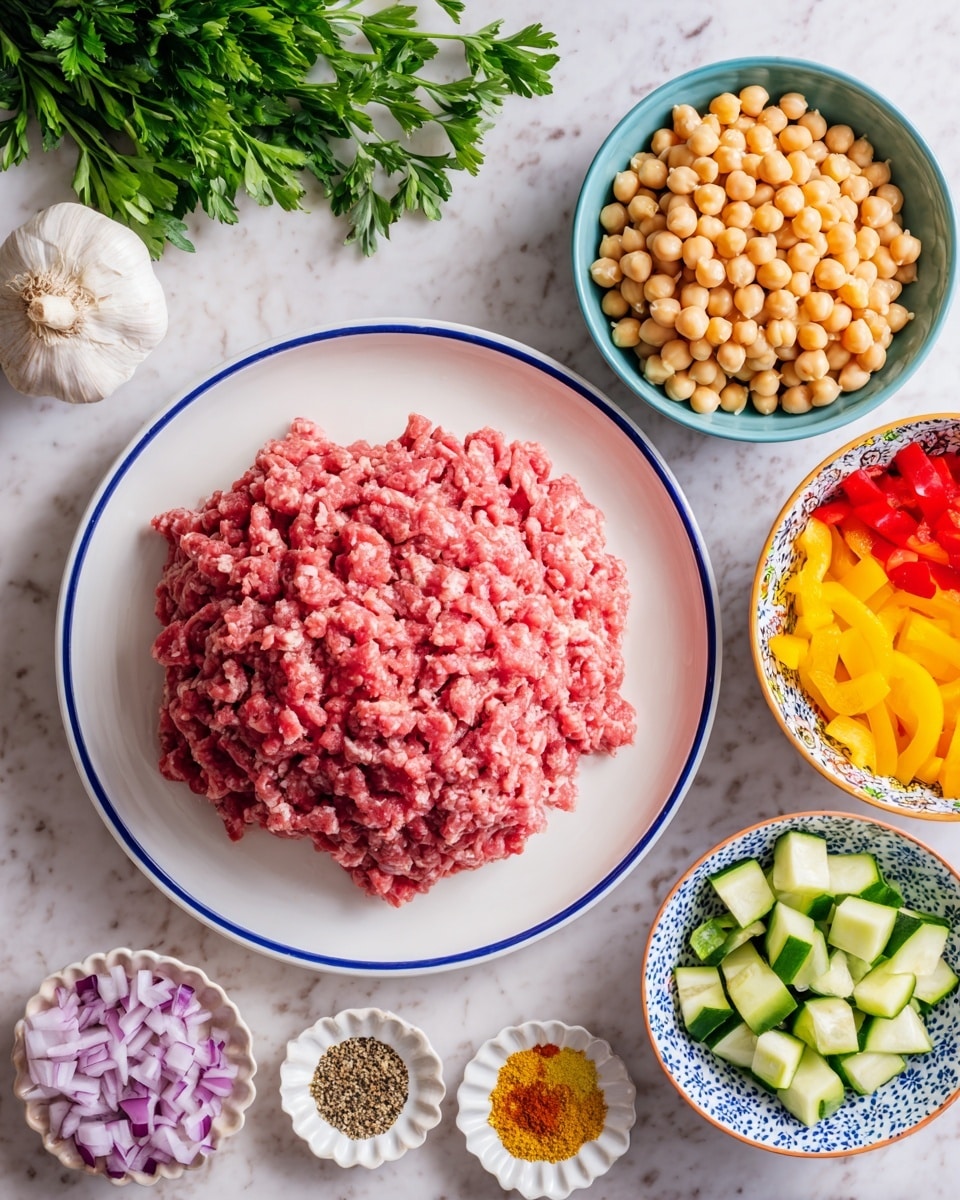 A white plate with a blue rim holds a thick square pile of pink ground meat in the center. Around the plate on a white marbled surface are five bowls: a teal bowl filled with light brown chickpeas on the upper right; a patterned bowl with diced yellow and red bell peppers below it; a white bowl with green zucchini cubes on the lower right; a small white and blue spotted bowl with chopped red onions on the lower left; and a small white scalloped bowl with an assortment of spices arranged in sections in the center bottom. A bunch of green parsley and a whole garlic bulb sit on the upper left corner of the frame. Photo taken with an iphone --ar 4:5 --v 7