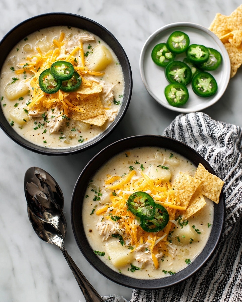 Two black bowls hold creamy white soup filled with chunks of chicken and potato. The soup is topped with shredded yellow cheddar cheese, crunchy broken tortilla chips, and two bright green jalapeño slices placed on top in the center. The bowls sit on a white marbled surface, next to a white plate with more jalapeño slices and a striped napkin holding a spoon. The photo taken with an iphone --ar 4:5 --v 7