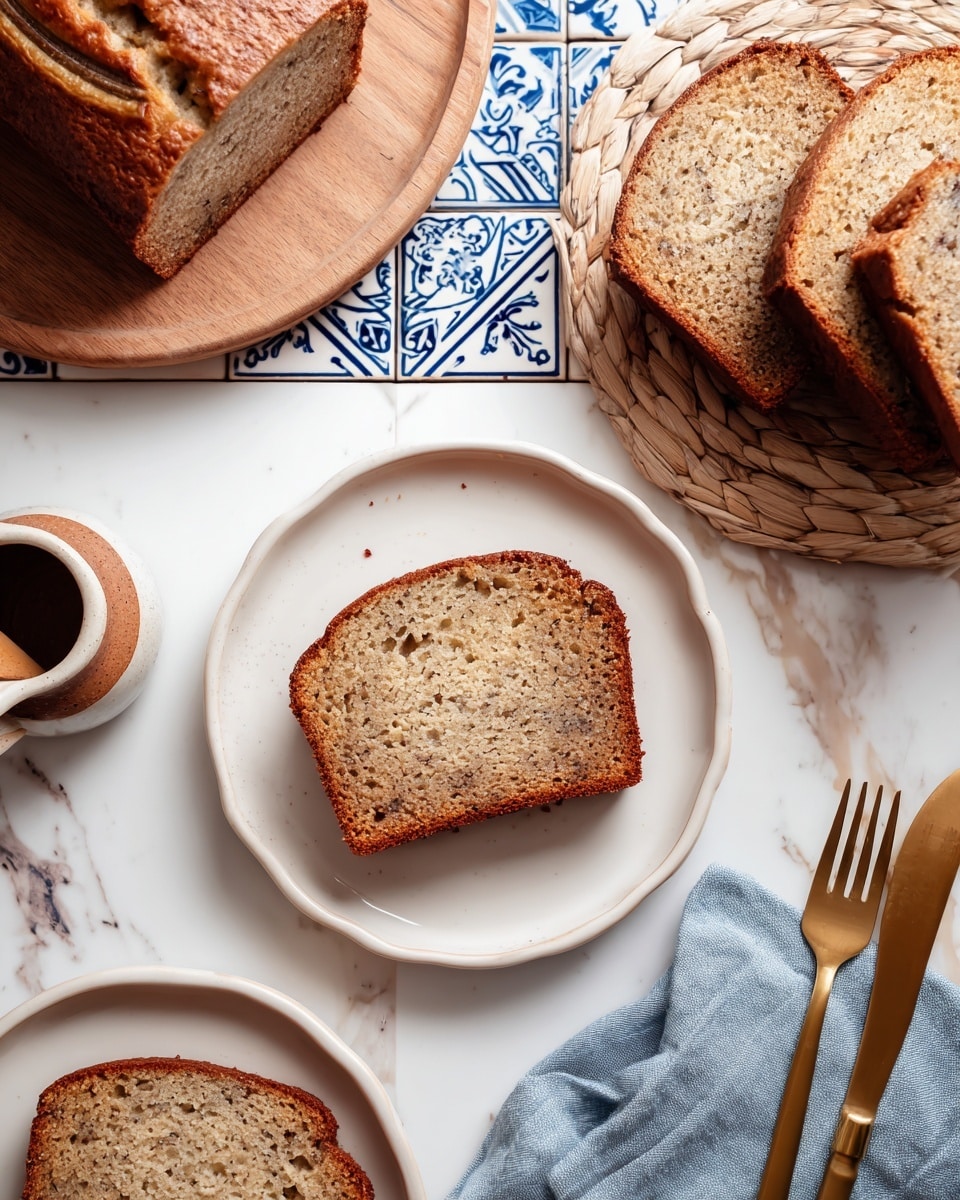 The image shows a white plate in the center with one slice of banana bread that has a light brown color with darker specks inside. To the upper left, there are three more slices on a wooden board. Another white plate with one slice of banana bread is on the lower left. The background has a white marbled texture with blue tile patterns. There is a small brown and white jug, a brown sugar container, and a blue cloth napkin folded near gold-colored fork and knife on the right side. Photo taken with an iphone --ar 4:5 --v 7