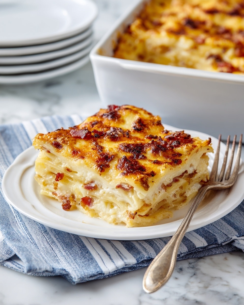 A white baking dish filled with a cheesy casserole cut into square pieces, showing a golden melted cheese layer with small chunks of red bits on top. One piece is placed on a white plate with ridged edges on top of a blue-striped napkin next to a fork with a silver handle. Around the dish, there are two clear glasses filled with orange juice on a white marbled surface. A serving spatula with a wooden handle is lifting a piece from the dish. The overall look is bright and inviting, showing the casserole’s soft, slightly browned cheese texture on top with a light yellow color underneath. photo taken with an iphone --ar 4:5 --v 7