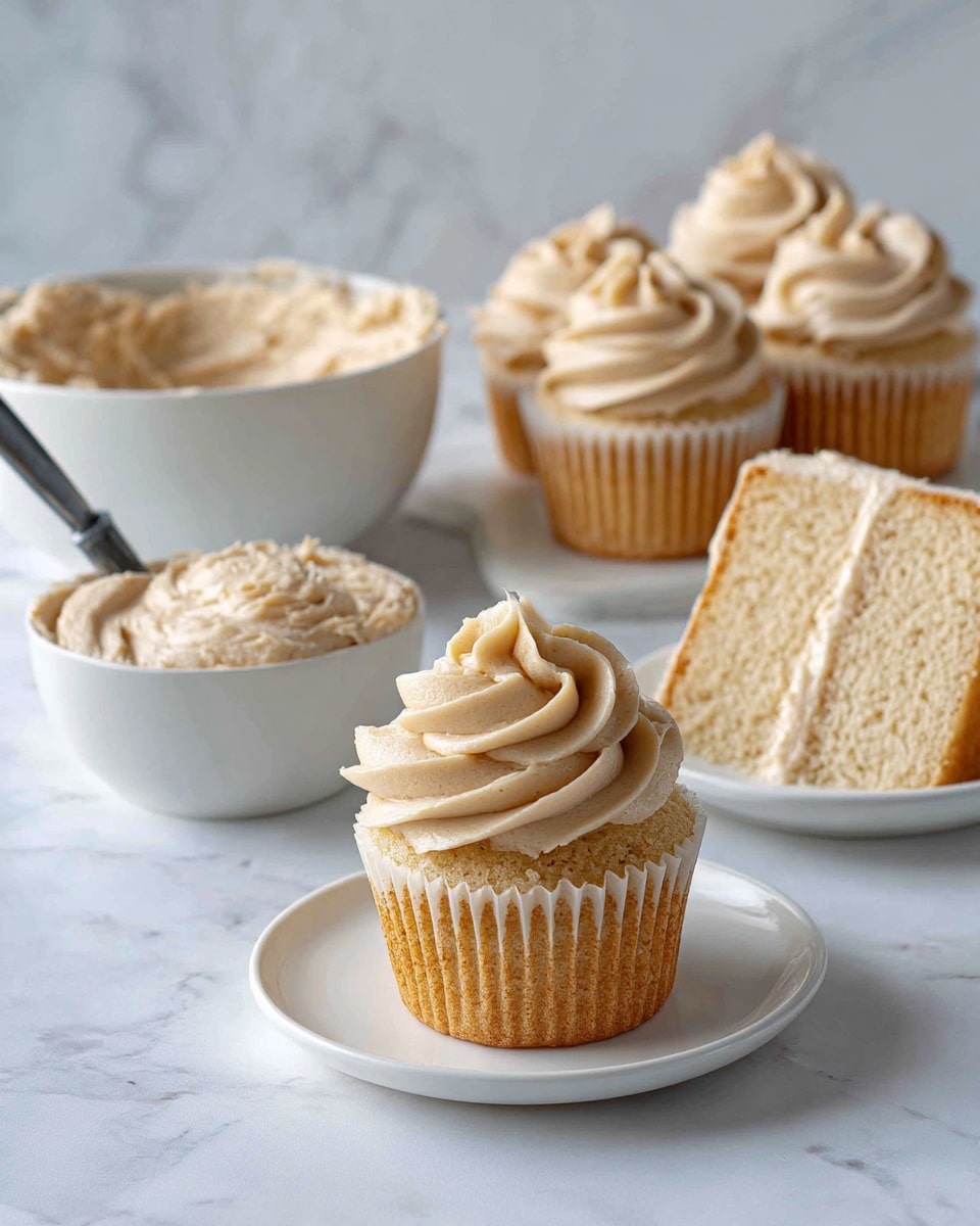 The image shows a close-up of a single cupcake with light brown frosting, sitting on a white plate with the cupcake liner peeled down halfway, exposing its moist, golden-brown crumb texture inside. One half of the cupcake is split and slightly lifted, showing the soft and crumbly inside. In the background, there are other frosted cupcakes on white plates, all placed on a white marbled surface. A soft white textured cloth is also partially visible around the plate. photo taken with an iphone --ar 4:5 --v 7