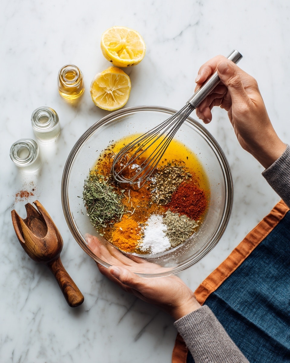 A clear glass bowl on a white marbled surface holds several layers of colorful spices and liquids. The bottom has a layer of olive oil reflecting light, topped with scattered dried herbs, cracked red pepper flakes, light brown sugar, and a bright orange spice in small piles. Above all these spices stands a woman's hand holding a silver whisk, mixing the ingredients. Nearby, there are two halves of a squeezed yellow lemon and a wooden lemon squeezer on the white marbled surface, along with small glass bottles containing more spices and a clear liquid. The person mixing the bowl wears a gray long-sleeve shirt and a blue apron with an orange tie around the waist. Photo taken with an iphone --ar 4:5 --v 7