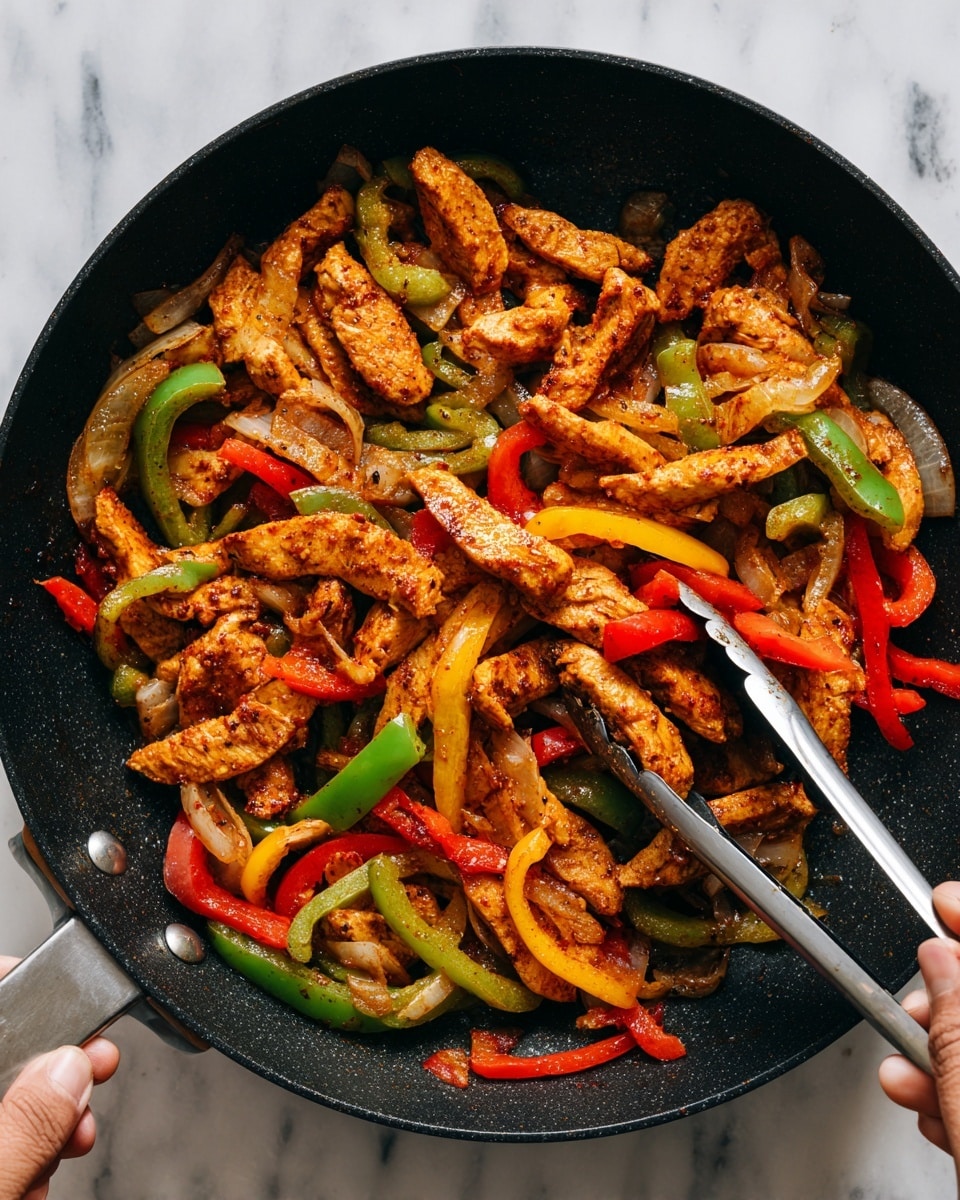 Inside a black cast iron pan, there are many cooked strips of golden brown chicken mixed with bright red and green bell pepper slices, and some soft, light brown onion pieces. A woman's hand is holding silver tongs, lifting some of the chicken strips in the center of the pan. The pan sits on a stove with a white marbled background. The colors of the vegetables and chicken make the dish look warm and fresh. photo taken with an iphone --ar 4:5 --v 7