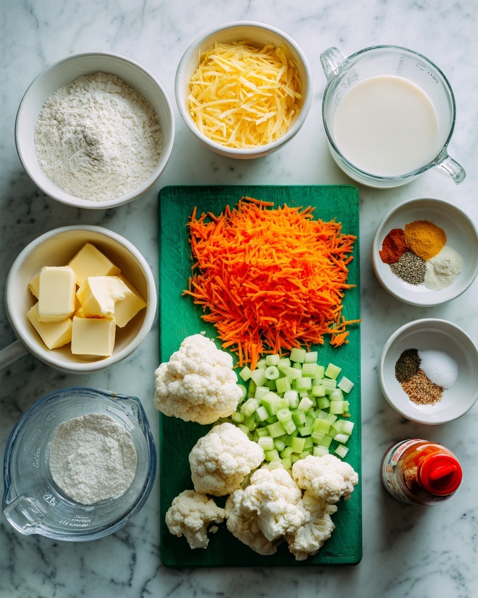 A top-down view shows a green cutting board on a white marbled surface. On the cutting board from right to left are white cauliflower florets, small chopped light green celery pieces, and bright orange shredded carrots arranged in neat piles. Surrounding the cutting board are several white bowls and clear glass containers: a white bowl with thin yellow strips, a small white bowl with three pats of butter, a white bowl filled with white flour, a clear glass measuring cup with milk, and another clear glass measuring cup with water. There are also small bowls with salt, black pepper, yellow spice, and a bottle of reddish-brown hot sauce with its red cap next to it. The scene is clean and organized, photo taken with an iphone --ar 4:5 --v 7