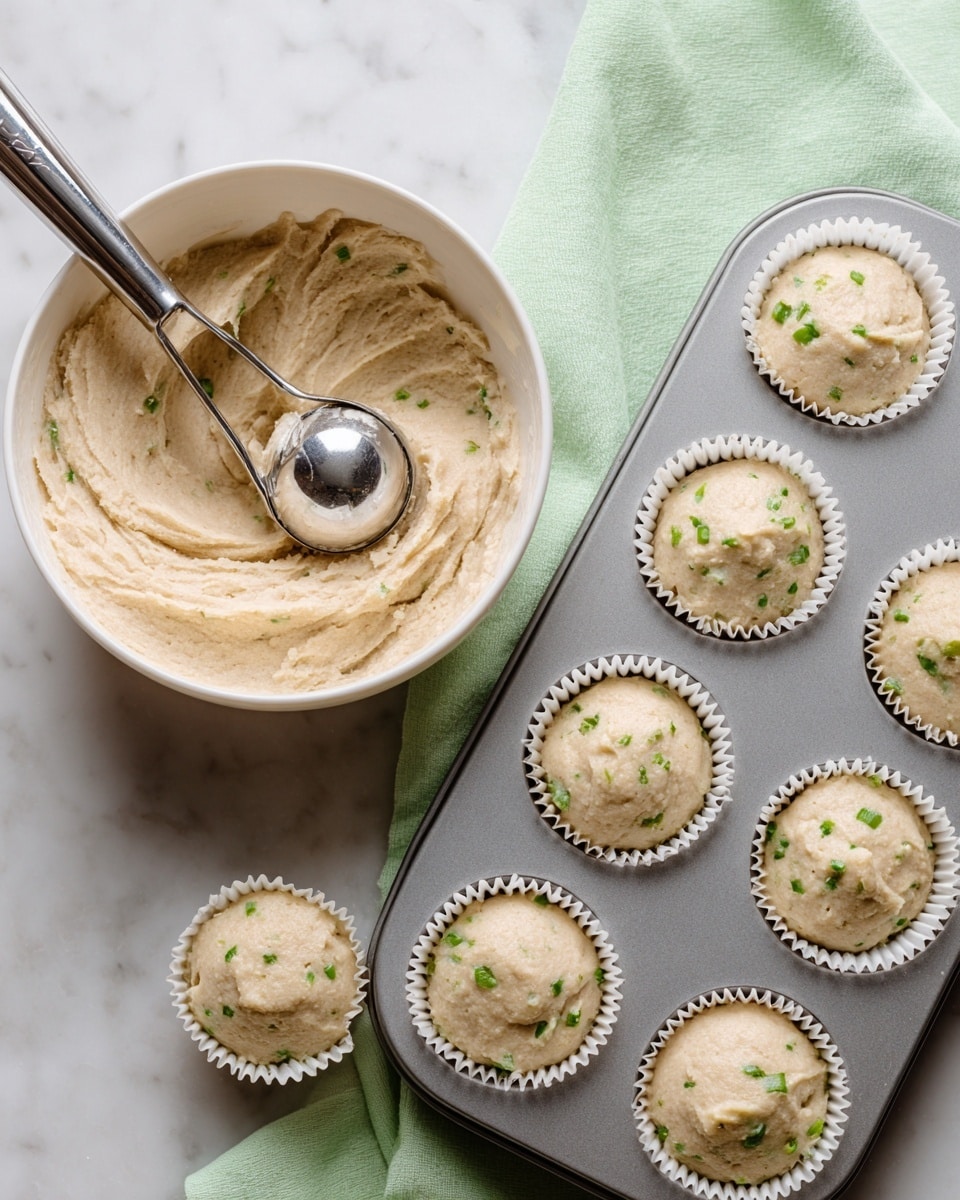 A white bowl filled with light beige muffin batter that has small green pieces mixed in is on the left side, next to a silver ice cream scoop resting partly inside the bowl. On the right side, a muffin tin with white paper liners holds seven filled cups with the same light beige batter, each showing small green bits. The background is a white marbled surface, and a pale green cloth is placed behind the bowl. photo taken with an iphone --ar 4:5 --v 7