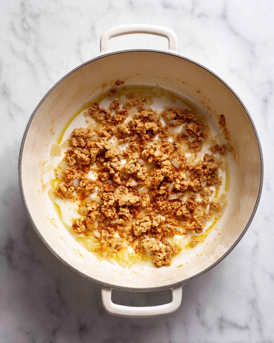 In a large white pot with two handles, cooked ground meat and chopped onions are mixed together. The ground meat is light brown, crumbly, and uneven in size, while the onions are small, translucent, and scattered throughout. The inside of the pot has a smooth cream color with a few spots of light yellow cooking juices pooled in the center. The pot sits on a white marbled surface. Photo taken with an iphone --ar 4:5 --v 7