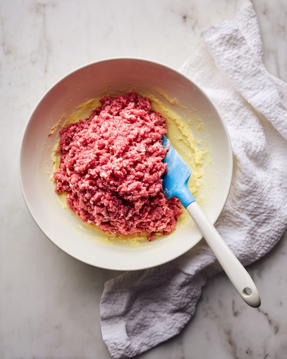 A white bowl placed on a white marbled surface holds two main layers: the bottom layer is a light yellow creamy mixture with a slightly grainy texture, while the top layer consists of raw, red ground meat with a coarse texture covering about half the bowl. A blue spatula with a white handle rests inside the bowl, touching the ground meat. Next to the bowl, a white cloth is casually laid on the surface. Photo taken with an iphone --ar 4:5 --v 7