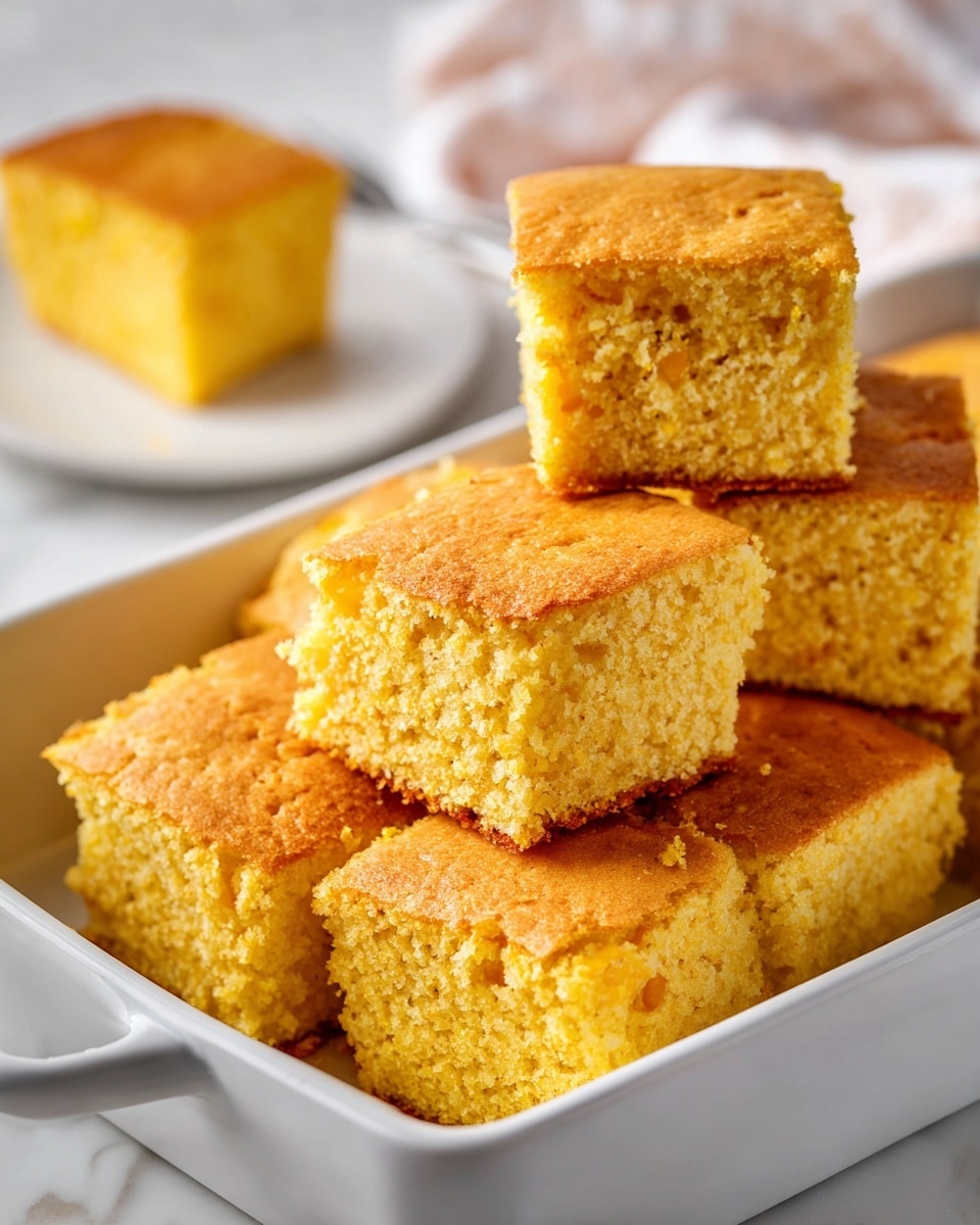 Two square pieces of golden cornbread with a light, fluffy texture sit on a white round plate, each topped with a small dollop of softened butter melting slightly. A silver knife with a detailed handle lies next to the cornbread on the plate. In the background, a metal baking pan holds more pieces of cornbread. To the left, a wooden butter board displays several thick slices of butter. All items rest on a white marbled surface. photo taken with an iphone --ar 4:5 --v 7