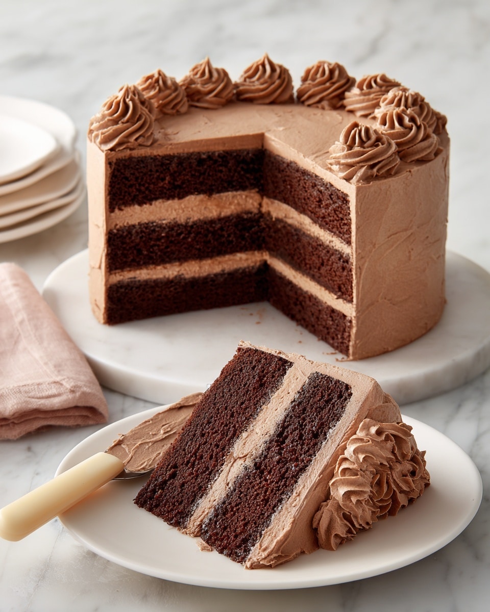 A round chocolate cake with three thick layers of dark brown cake and light brown chocolate frosting in between each layer. The outside is smoothly covered with light brown chocolate frosting that has round, textured swirls on top. Two slices of the same cake, showing the layers, are placed on two white plates near the cake. A beige-handled knife with some chocolate frosting on it rests on the white plate holding the cake. All items are set on a white marbled surface. Photo taken with an iphone --ar 4:5 --v 7