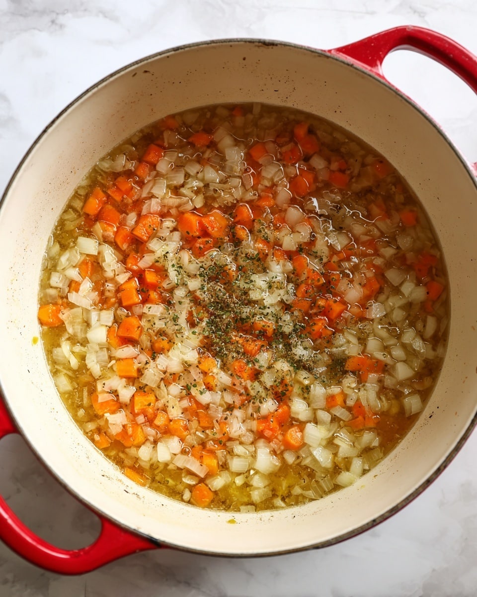 A white pot with red handles sits on a white marbled surface, inside it there is one layer of diced onions and carrots cooking together. The onions are translucent with a soft white color, and the carrots are bright orange, both mixed in an oily, light brown broth, showing some herbs and seasoning specks spread evenly. Photo taken with an iphone --ar 4:5 --v 7