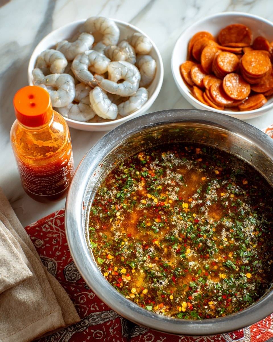 A large silver metal bowl filled with a mix of spices and chopped green herbs floating in a reddish liquid, showing various layers of seasoning with flecks of yellow, green, and red on the surface. Around the bowl are three white bowls: one with raw peeled shrimp showing translucent gray and white tones, one with sliced chorizo sausage in reddish orange circular pieces, and one with pale raw chicken pieces. There is a bottle of hot sauce with a bright orange cap next to the bowl, placed on a beige cloth napkin. All of this is on a white marbled surface with a red and gray patterned cloth underneath. Photo taken with an iphone --ar 4:5 --v 7
