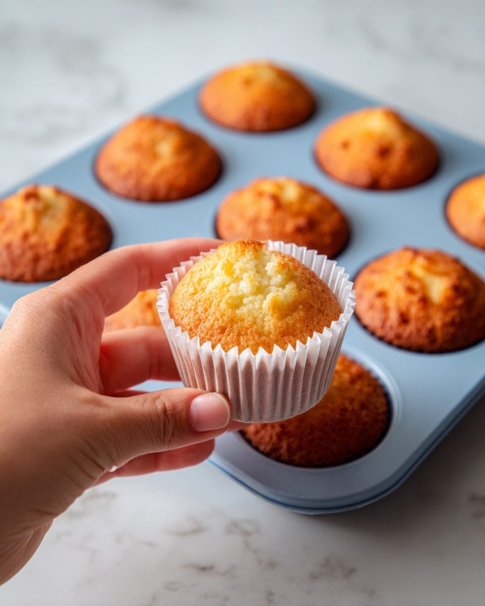 A close-up view of two golden brown muffins stacked on top of each other, showing the top muffin fully wrapped in a white paper liner and the bottom muffin partially unwrapped with textured, moist crumb visible. The top muffin has a smooth rounded top with a slightly darker crisp edge, while the bottom muffin looks softer with a slightly rough surface. The background is softly blurred with a white marbled texture surface beneath. Photo taken with an iphone --ar 4:5 --v 7