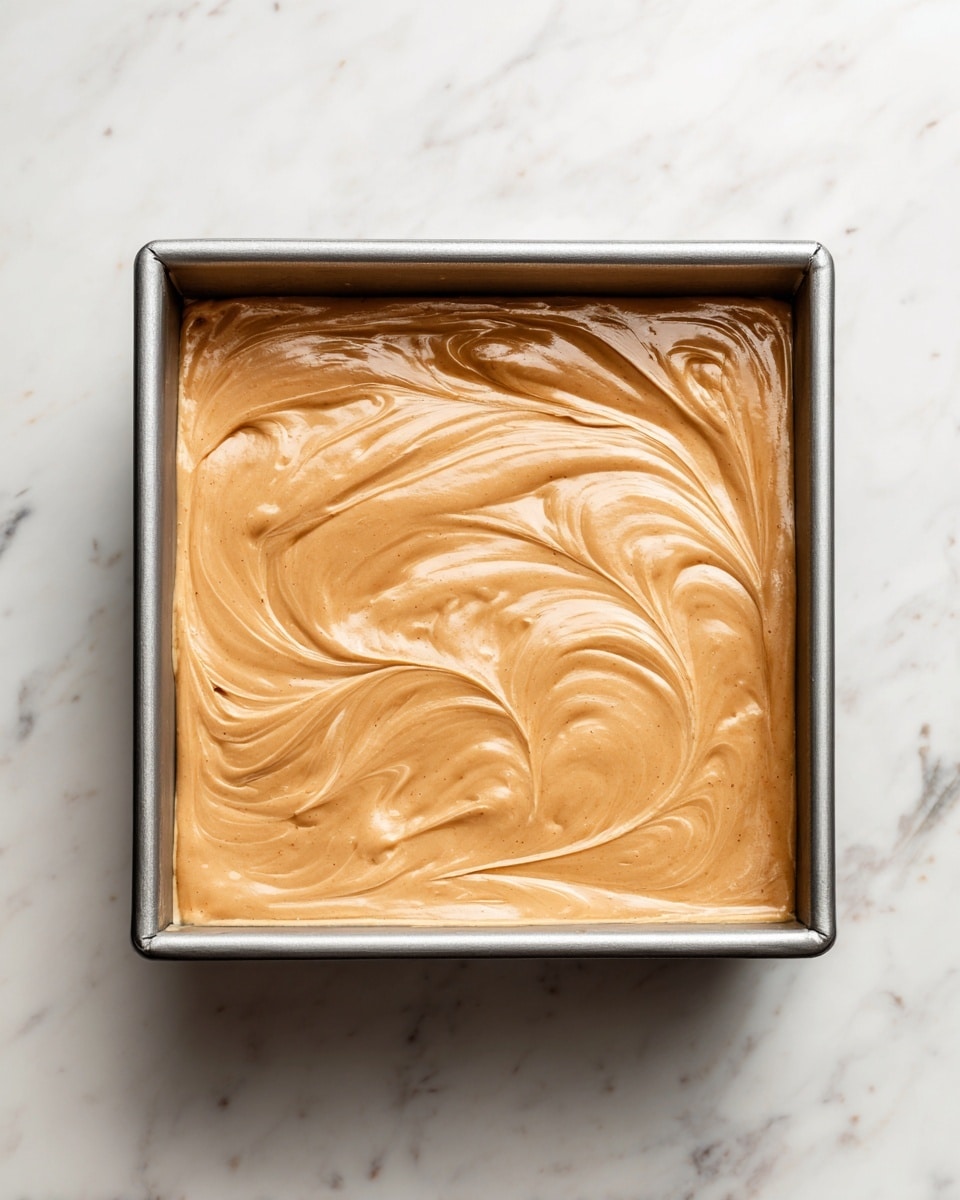 The image shows a square metal baking pan filled with a smooth light brown mixture, spread evenly with soft, creamy swirls and gentle peaks on the surface. The pan rests on a white marbled surface. Photo taken with an iphone --ar 4:5 --v 7
