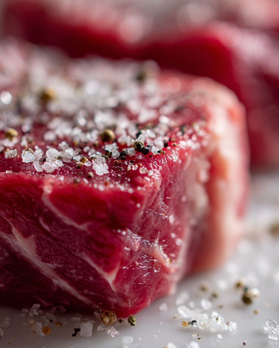 The image shows a close-up of raw red meat sprinkled with coarse salt and black pepper on the top surface. The meat texture looks soft and fresh with visible marbling and fat lines across it. The focus is sharp on the center making the seasoning stand out, while the background is blurred showing a smooth white marbled texture. The overall scene emphasizes the raw meat's detail and freshness, with a natural and simple look. photo taken with an iphone --ar 4:5 --v 7