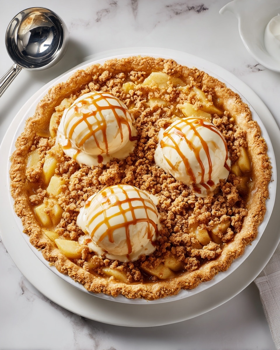 A round pie sits on a white plate with a golden brown crust forming the outer edge. Inside the crust, there is a layer of yellow chunks of cooked apple mixed with small crumbly brown streusel pieces evenly spread across the surface. On top of the apple and streusel layer, three scoops of pale cream-colored ice cream are placed in a triangle formation, each drizzled with shiny caramel sauce that adds a glossy amber color. The pie rests on a white marbled surface, with a silver ice cream scoop and a small dish nearby. Photo taken with an iphone --ar 4:5 --v 7