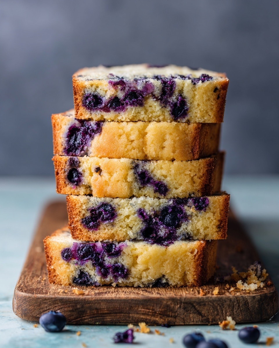 The image shows two stacks of sliced blueberry bread on a wooden board. Each stack has four slices with a golden brown crust and soft light yellow inside, filled with lots of dark purple blueberries spread evenly. Some crumbs are scattered around the board. The background is simple and dark gray, and the board is placed on a surface with a light blue color that should be changed to a white marbled texture. photo taken with an iphone --ar 4:5 --v 7