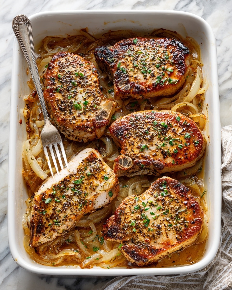 This image shows a white rectangular baking dish filled with four thick pork chops on top of a layer of cooked onion slices. The pork chops have a golden brown crust with visible black pepper and bits of green herbs sprinkled across them. The onion layer underneath is soft with a light golden color, soaked with juices that add a shiny texture. One pork chop is lifted slightly by a silver fork on the left side, showing the moist inside of the meat. The dish is placed on a white marbled surface with a corner of a striped cloth visible beneath. photo taken with an iphone --ar 4:5 --v 7