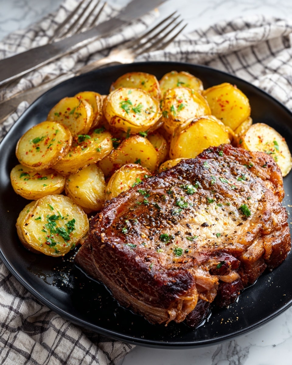 A black plate holds two visible layers: the bottom layer is made of thin, round, cooked potato slices with a light golden color and sprinkled with fresh green herb pieces and a dusting of red seasoning. The top layer is a large piece of cooked meat with a crispy, browned surface, glistening with melted butter or oil and sprinkled with cracked black pepper and green herbs. The plate is placed on a white marbled textured surface, with a knife and fork set on a checkered cloth next to it, and steam rises gently from the meat. Photo taken with an iphone --ar 4:5 --v 7