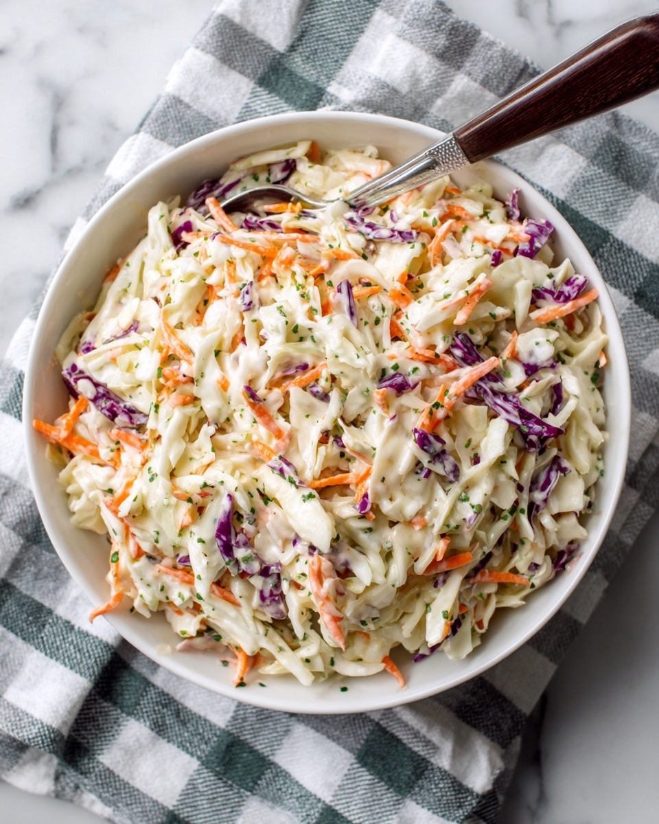 A close-up of a spoon holding a bite of creamy coleslaw made of thinly shredded white cabbage, orange carrot strips, and purple cabbage strands. The coleslaw fills the spoon and is visibly coated with a creamy, light dressing. Below the spoon, a white bowl is full of the same coleslaw, with the colorful shredded vegetables mixed throughout. The background surface is a white marbled texture, and in the blurred background, there is another white plate with more coleslaw. The photo has soft, natural lighting. photo taken with an iphone --ar 4:5 --v 7