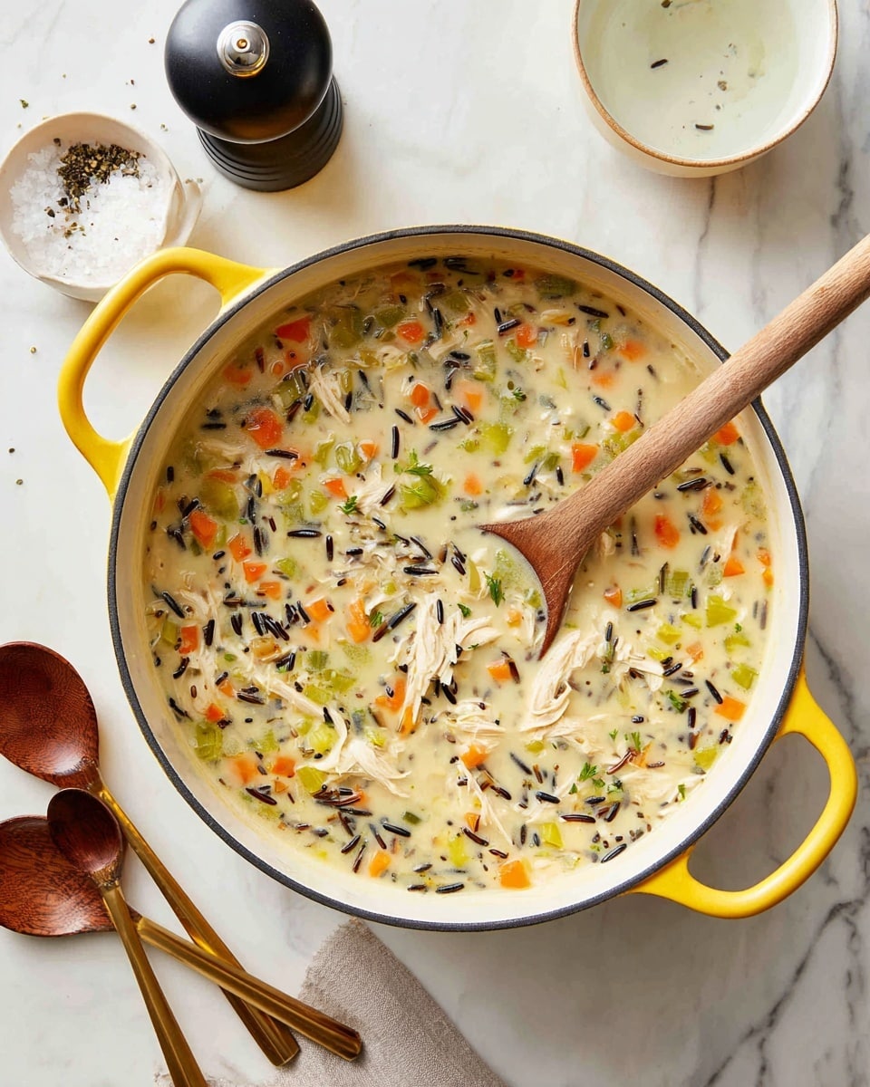 The image shows a white pot with yellow handles filled with creamy soup that has visible layers of chopped white chicken pieces, orange carrot shreds, green celery bits, and black wild rice spread evenly throughout the light creamy broth. A wooden spoon with a smooth texture rests in the pot, dipped in the soup. The pot sits on a white marbled surface next to a black pepper grinder, a small white dish of salt, and a white bowl with yellow handles partially filled with liquid. Nearby, two spoons with wooden handles lie side by side. Photo taken with an iphone --ar 4:5 --v 7