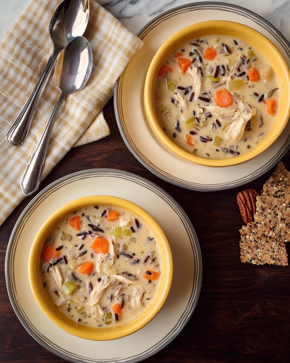 A creamy soup filled with pieces of cooked chicken, wild rice, small chunks of carrot, and bits of celery sits in an orange soup bowl that has two handles, placed on a white plate. On the side of the plate, fresh green spinach leaves, thin slices of purple onion, and chopped pecans create a small salad. A white spoon with a brown handle rests on the edge of the plate. In the background, some crackers with seeds are visible next to another similar bowl on a white plate, all set on a white marbled surface. Photo taken with an iphone --ar 4:5 --v 7