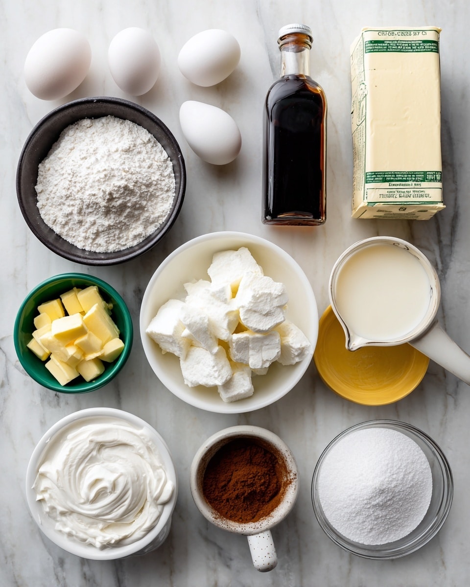The image shows several ingredients arranged neatly on a white marbled surface. There are two white eggs placed near a small white bowl with a white powder. Next to them is a black bowl filled with white flour and a small brown bowl with yellow butter cubes. A green bowl contains white whipped cream. Next to it is a white measuring cup filled with white sugar, placed on top of a white round container with more sugar inside. A bottle of dark liquid is placed in the center. Above it, a rectangular pack of cream cheese is placed near a small bottle of vanilla extract. A clear glass container with a creamy liquid is to the right. There is a yellow bowl filled with white powdered sugar and brown powder in a small white bowl. The wooden surface background has a white marbled texture. photo taken with an iphone --ar 4:5 --v 7