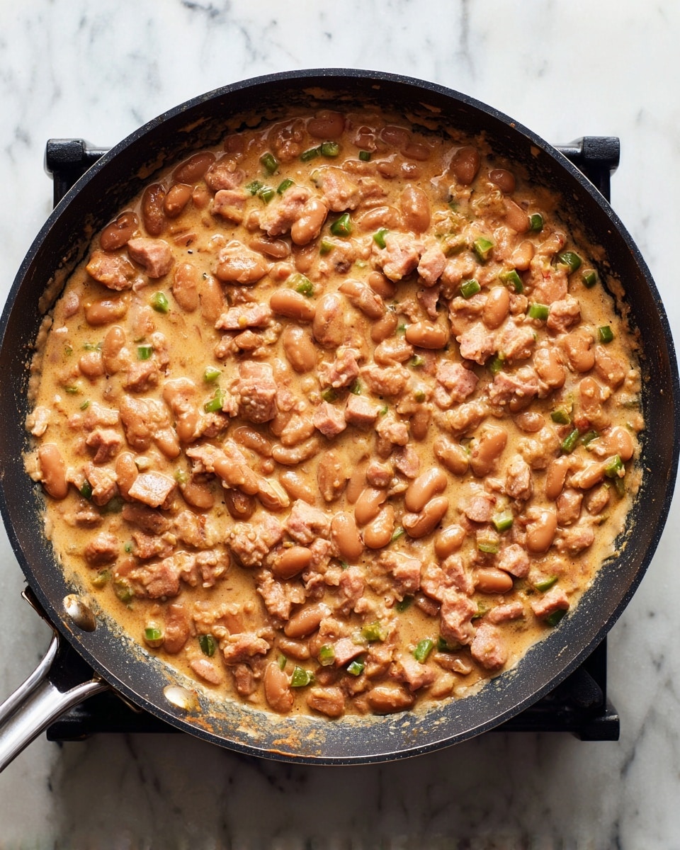 A black pan is filled with a creamy mixture of beans and diced light pinkish-tan meat pieces combined with small green chunks, all coated in a pale pink sauce. The mixture looks thick and slightly textured with visible whole beans and uniform meat and vegetable pieces evenly spread across the pan. The pan is on a stove with a white marbled surface under it. photo taken with an iphone --ar 4:5 --v 7