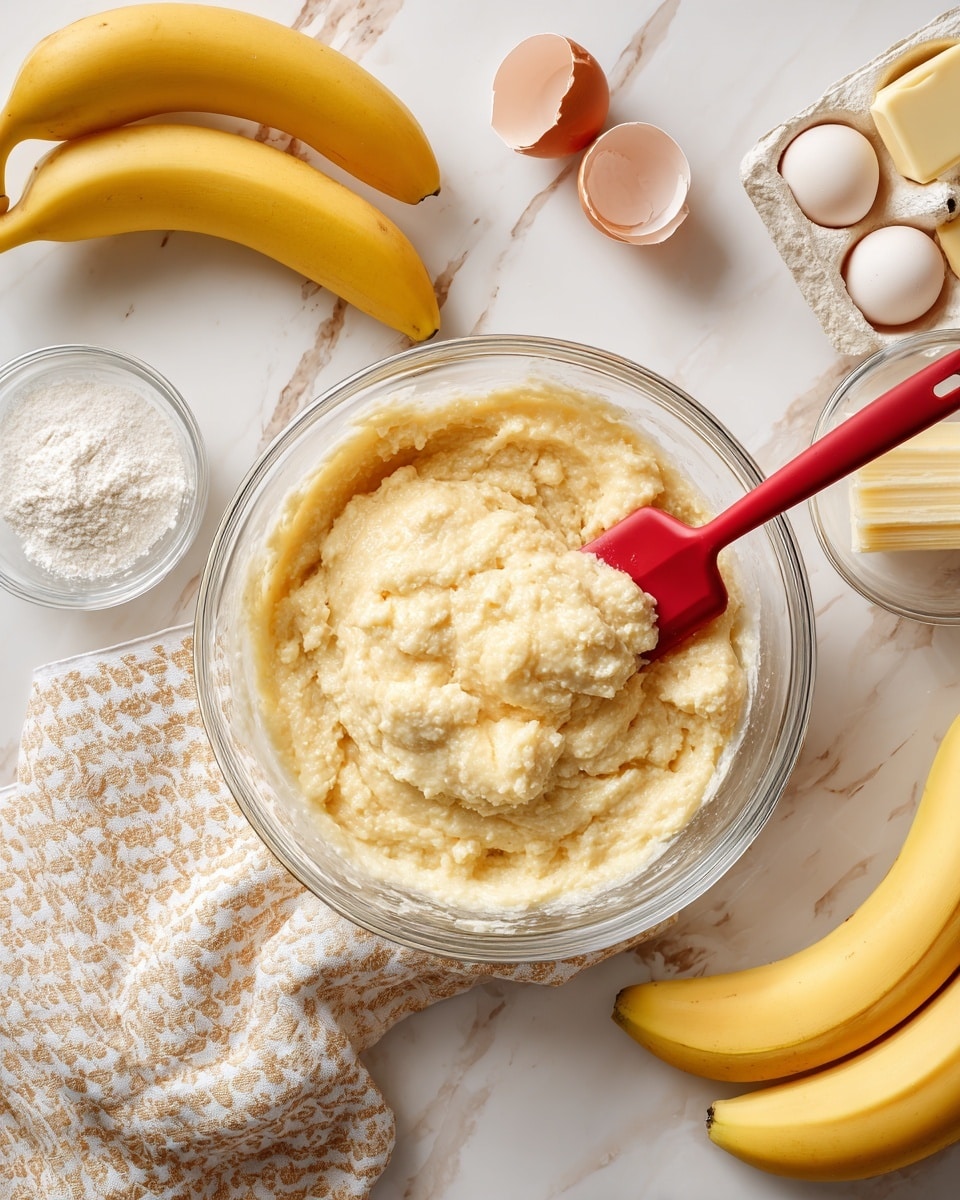 A clear glass bowl sits on a white marbled surface filled with a light cream batter as the base layer, and on top in the center is a layer of mashed bananas with a slightly chunky texture and pale yellow color. A red spatula rests inside the bowl, touching both layers. Surrounding the bowl are two whole yellow bananas, empty eggshell halves in a white carton, a stick of butter in its wrapper, and an empty clear glass bowl on the top right. A patterned beige and white cloth is partially under the bowl. photo taken with an iphone --ar 4:5 --v 7