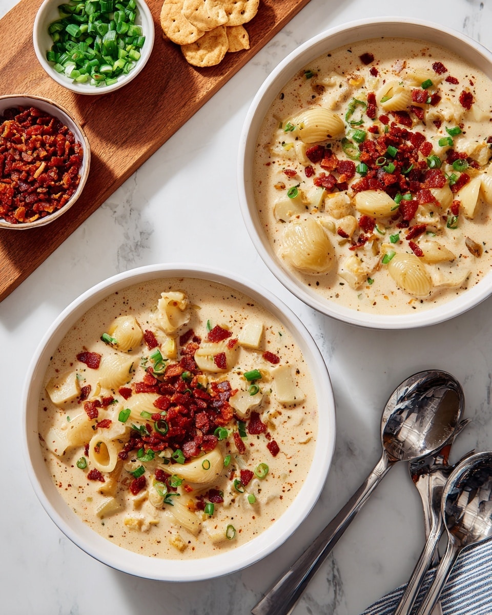 Two white bowls filled with creamy soup showing chunks of soft potatoes and small pasta pieces, topped with bright green chopped scallions and crispy red bacon bits. The bowls sit on a white marbled surface, with one bowl on a wooden board that has extra scallions in a small white bowl and a pile of small round crackers. Another small white bowl full of more bacon bits is placed nearby. Two shiny silver spoons rest beside one bowl. The scene is bright and clean, focusing on the textures and colors of the food. photo taken with an iphone --ar 4:5 --v 7