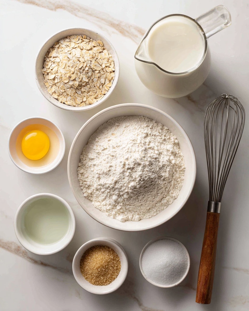 The image shows several white bowls and a white glass jug with ingredients placed on a white marbled surface. In the center, a large white bowl contains three layers of dry ingredients: light brown oats on the top left, beige flour on the bottom left, and white flour on the right. To the left of this bowl, there is a smaller white bowl with a whole yellow egg yolk and egg white. Above it, a small white bowl holds a pale green liquid. To the right of the large bowl, a small white bowl contains light brown sugar mixed with white sugar in the middle. Behind this, a clear white glass jug is filled with milk. A wooden-handled whisk is placed in front of the bowls. Photo taken with an iphone --ar 4:5 --v 7