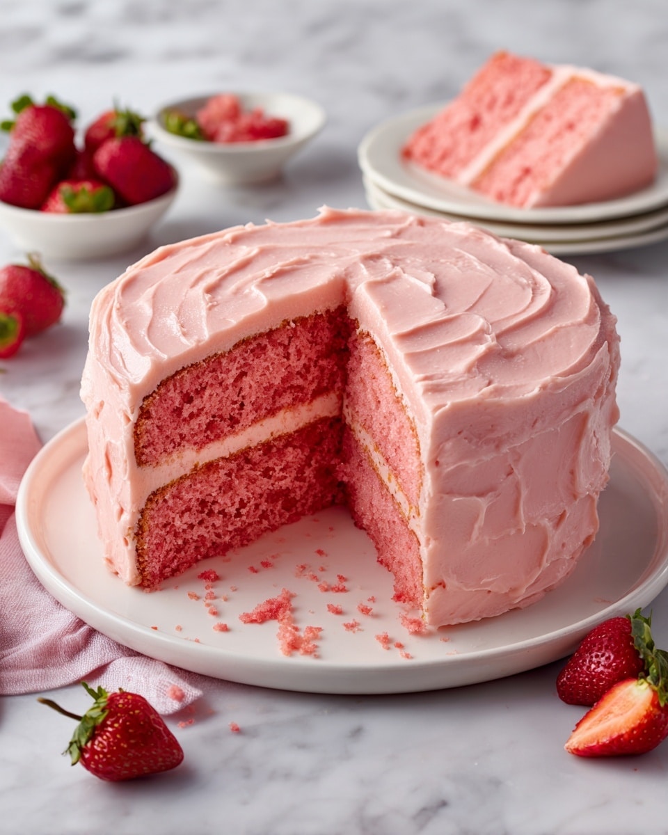 A round, pink frosted cake sits on a white plate with one slice missing and placed next to the cake. The cake has two visible layers of bright pink sponge, separated and covered by a smooth, pale pink frosting that swirls lightly on the top and around the sides. The background is a white marbled surface with small bowls of strawberries and cake crumbs nearby, creating a fresh and inviting look. photo taken with an iphone --ar 4:5 --v 7