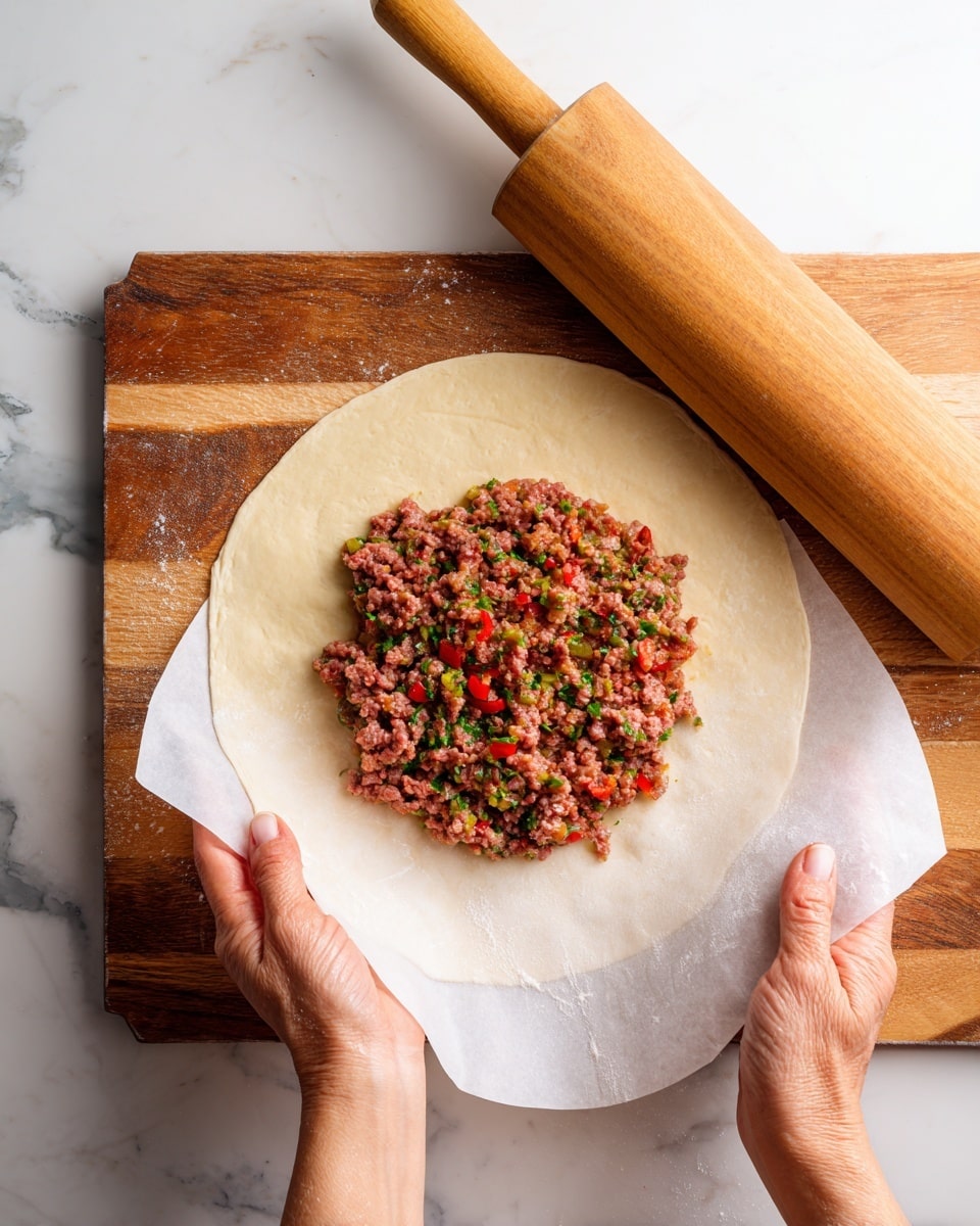 The image shows a flat round tortilla with one thin layer of raw minced meat mixed with small pieces of red bell pepper and green herbs spread evenly on top. Two woman's hands are visible; one is gently lifting a sheet of white parchment paper from the bottom half of the tortilla, while the other is holding the edge of the tortilla. A wooden rolling pin and a light brown wooden surface are in the background, all placed on a white marbled texture. photo taken with an iphone --ar 4:5 --v 7