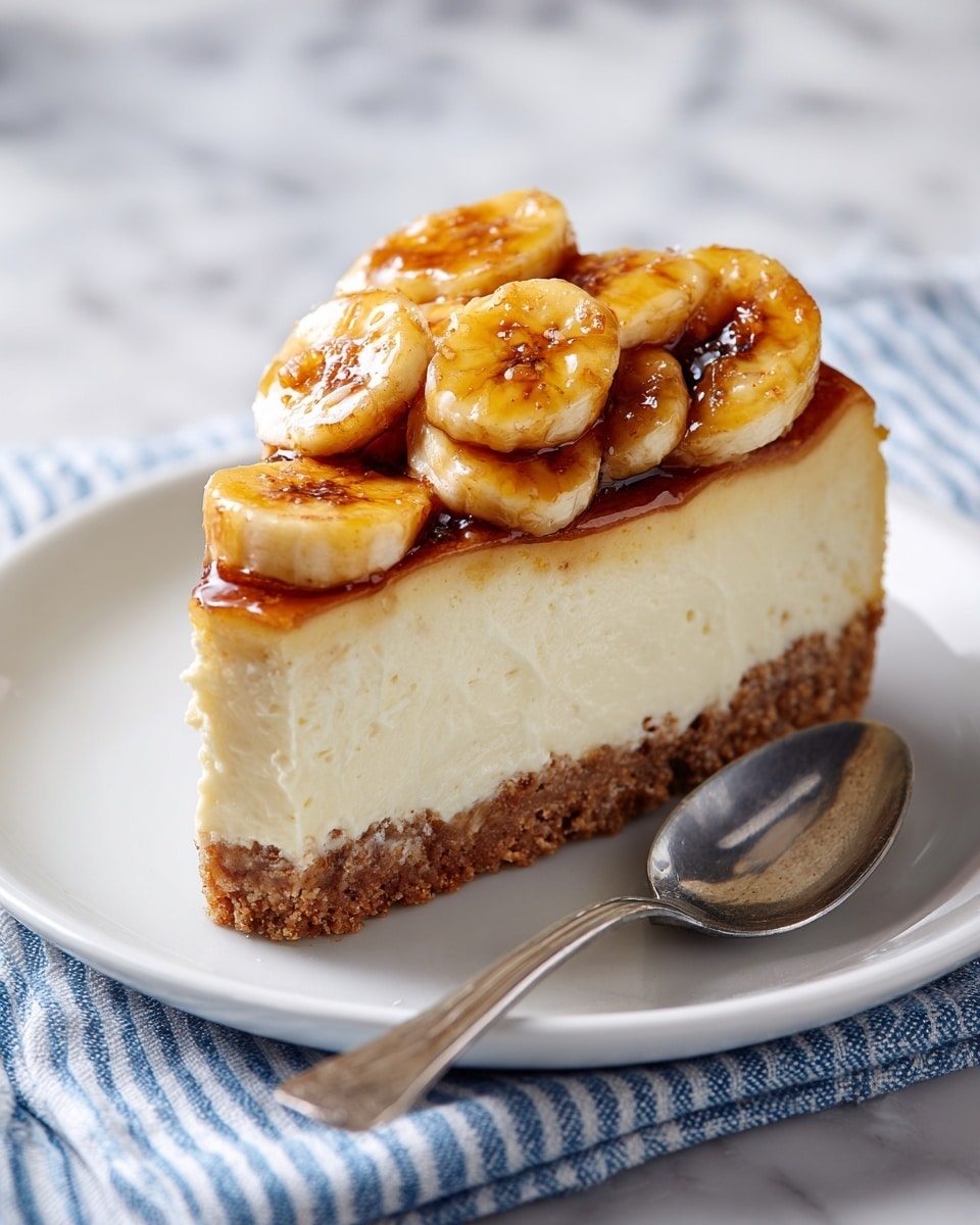 A slice of cheesecake with three distinct layers sits on a white plate. The bottom layer is a light brown crumbly crust. The middle layer is thick, creamy, and pale beige, looking smooth and dense. The top layer is made of round banana slices, browned and caramelized with a shiny glaze covering them. A silver spoon and a blue-striped cloth napkin lie beside the plate on a white marbled surface. photo taken with an iphone --ar 4:5 --v 7
