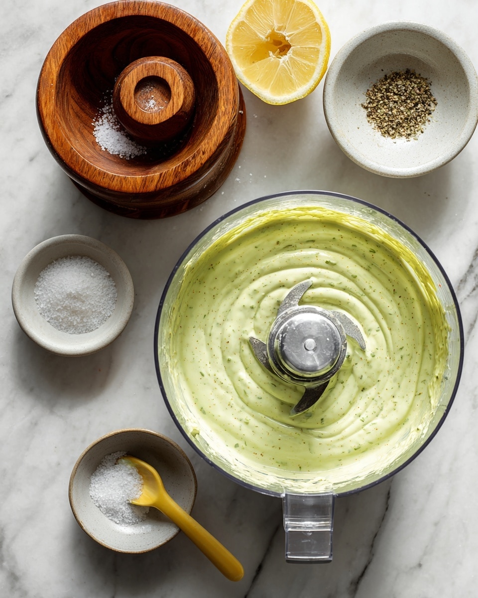 A top view of a food processor with three metal blades inside, filled with a creamy light green sauce with small herb bits, surrounding the blades on all sides. To the left, there is a wooden lemon juicer holding a half lemon, a white bowl with salt and a small yellow spoon inside, and a small gray bowl with pepper. All items are placed on a white marbled surface. Photo taken with an iphone --ar 4:5 --v 7