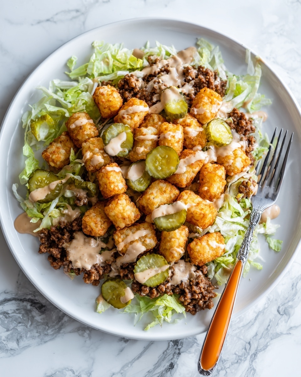 A white plate holds a layered dish starting at the bottom with crumbled cooked ground meat in a brown color and crumbly texture. On top of the meat, there are golden-brown crispy tater tots arranged in a scattered way. Over the tots, there are sliced green pickles with ridged edges placed in different spots. Shredded light green lettuce is spread across the plate, adding a fresh texture. A creamy, light beige sauce is drizzled unevenly over all the layers. There is also a silver fork with an orange handle resting on the right side of the plate. The plate sits on a white marbled surface. Photo taken with an iphone --ar 4:5 --v 7