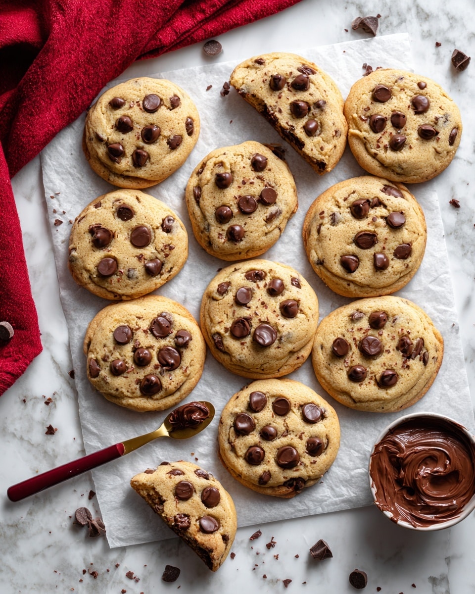 A group of about ten round cookies with a golden brown color and chocolate chips scattered on top are arranged on a square sheet of white parchment paper on a white marbled surface. One cookie is broken in half, showing a soft, light inside with melted chocolate chips. A small spoon with a dark brown handle rests on the parchment paper, holding a dollop of smooth chocolate spread. The scene includes some cookie crumbs scattered around and a folded red cloth napkin partially visible in the top left corner. Photo taken with an iphone --ar 4:5 --v 7