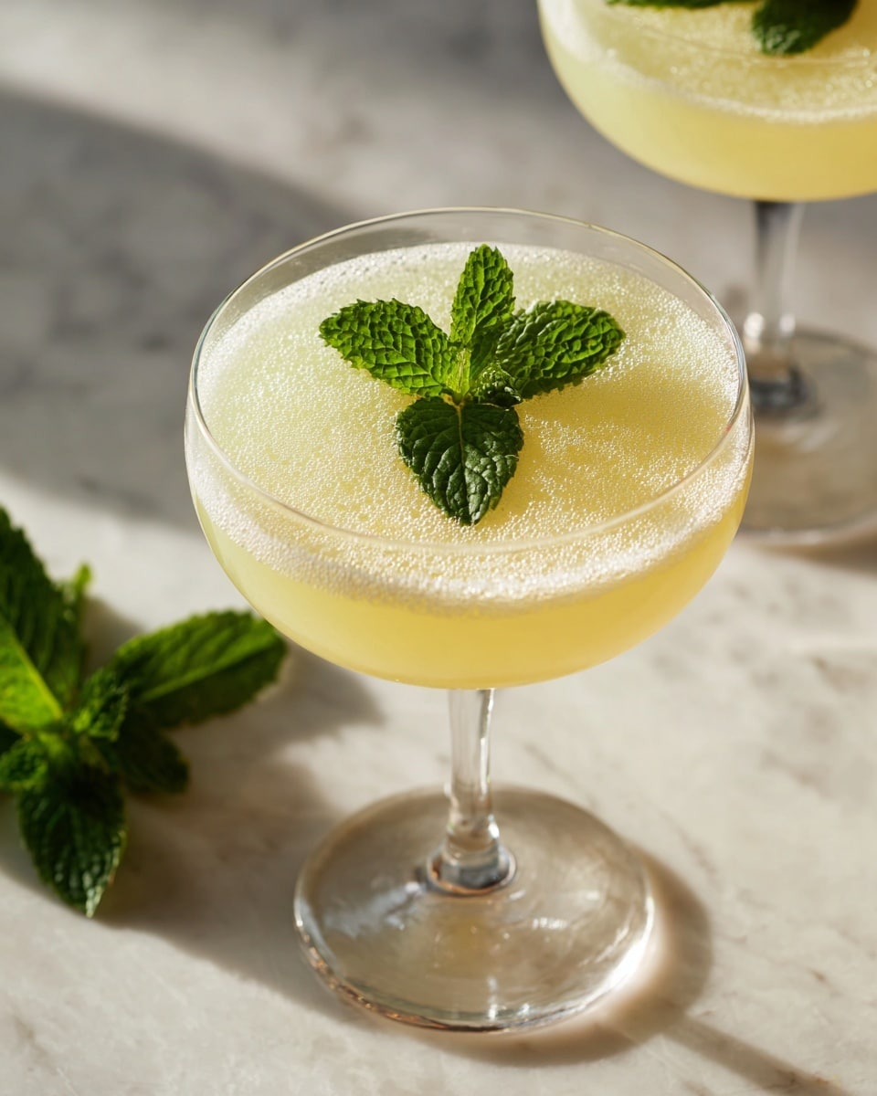 The image shows a close-up of a cocktail in a clear glass with a thin stem. The drink inside is pale yellow with a smooth, slightly frothy top layer. A single fresh green mint leaf rests in the center on top of the liquid. In the background, part of another similar glass with the same light yellow drink and mint leaf is visible, sitting on a white marbled surface with soft lighting that highlights the drink's texture. photo taken with an iphone --ar 4:5 --v 7