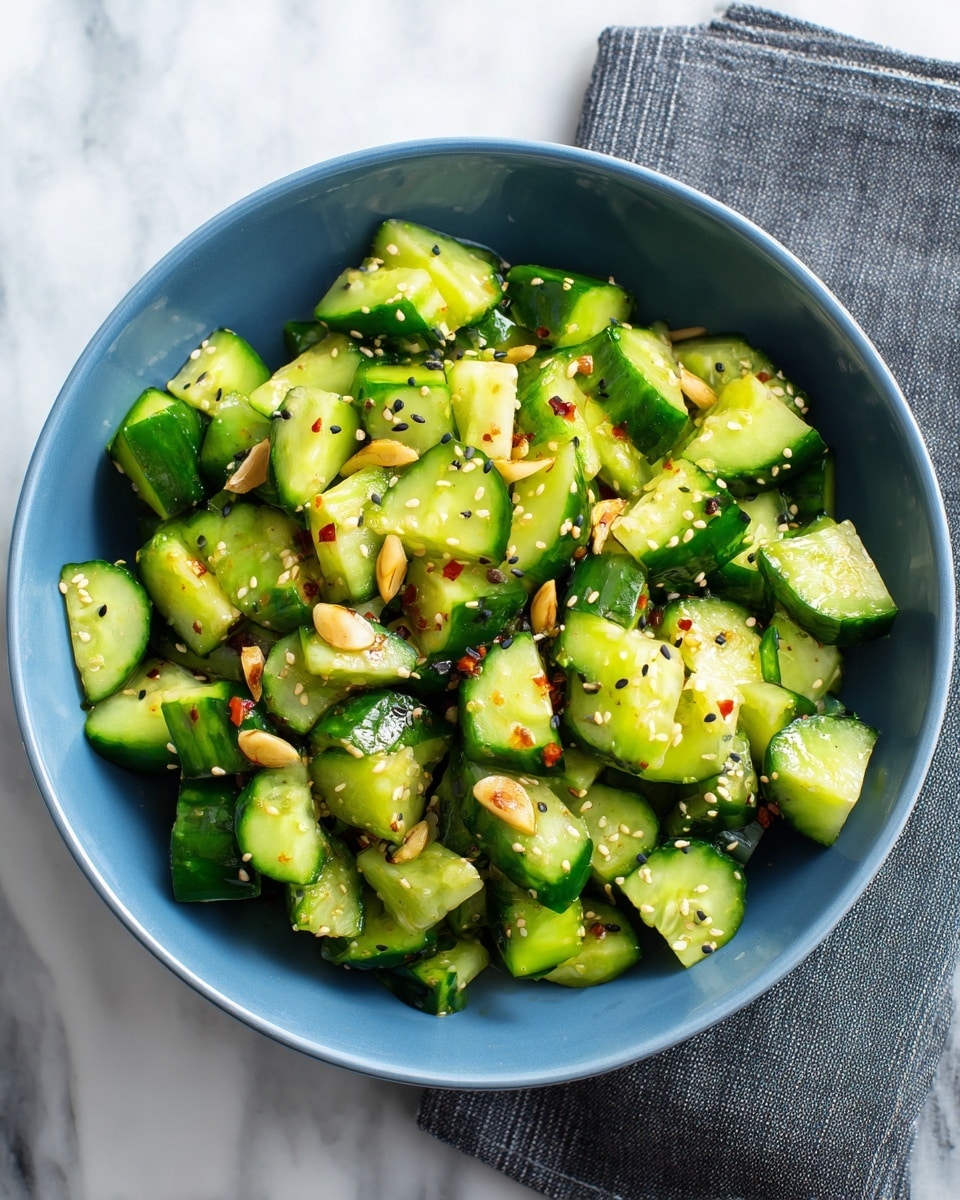 A white bowl filled with chopped green cucumbers covered in red chili flakes, sesame seeds, and thin sliced almonds, all tossed together with a glossy oil dressing. A metal spoon with a brown handle rests inside the bowl, slightly coated with the dressing. Next to the bowl is a small white bowl holding a similar cucumber mix. The bowls are placed on a folded dark gray cloth over a white marbled surface. The lighting is soft, highlighting the fresh textures and bright colors of the ingredients. photo taken with an iphone --ar 4:5 --v 7