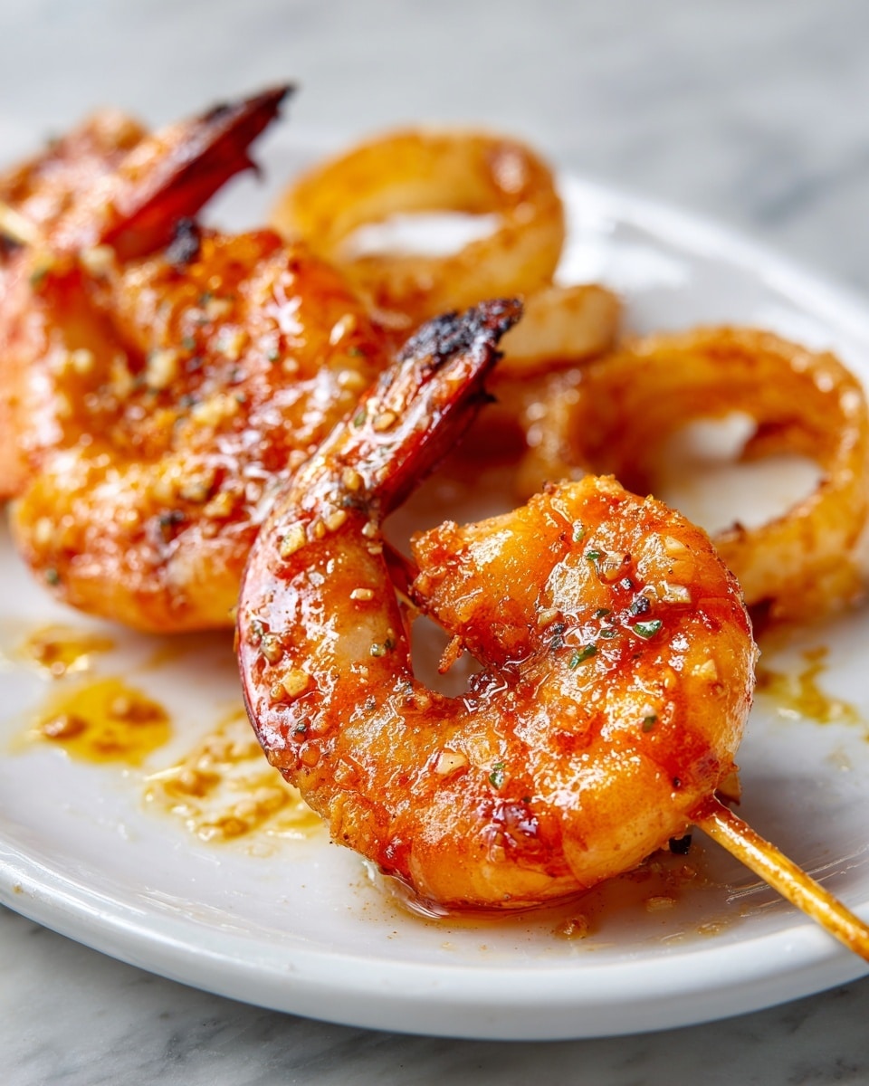 Two large, orange-grilled shrimp with a slightly shiny, textured surface are skewered on wooden sticks, placed on a white plate. The shrimp appear juicy with small pieces of seasoning visible on their surface. Around the shrimp are some cooked, slightly browned onion rings with a soft texture. The plate sits on a white marbled surface with some drops of oil or sauce near the shrimp. Photo taken with an iphone --ar 4:5 --v 7