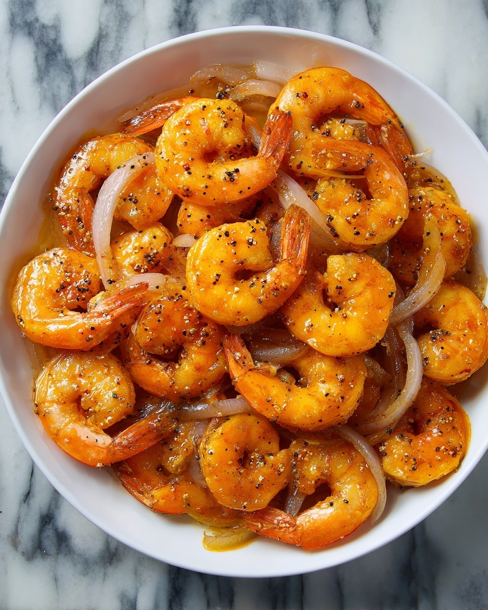 The image shows a blue bowl filled with cooked shrimp that are orange with red spices, mixed with thin light pink onion rings, all resting on a white marbled surface. Next to it, on the left side, there is a small white plate with three shrimp skewered on wooden picks, and a woman's hand is about to pick one up. In the lower left corner, there are several tied bundles of wooden skewers with a golden-yellow color. photo taken with an iphone --ar 4:5 --v 7