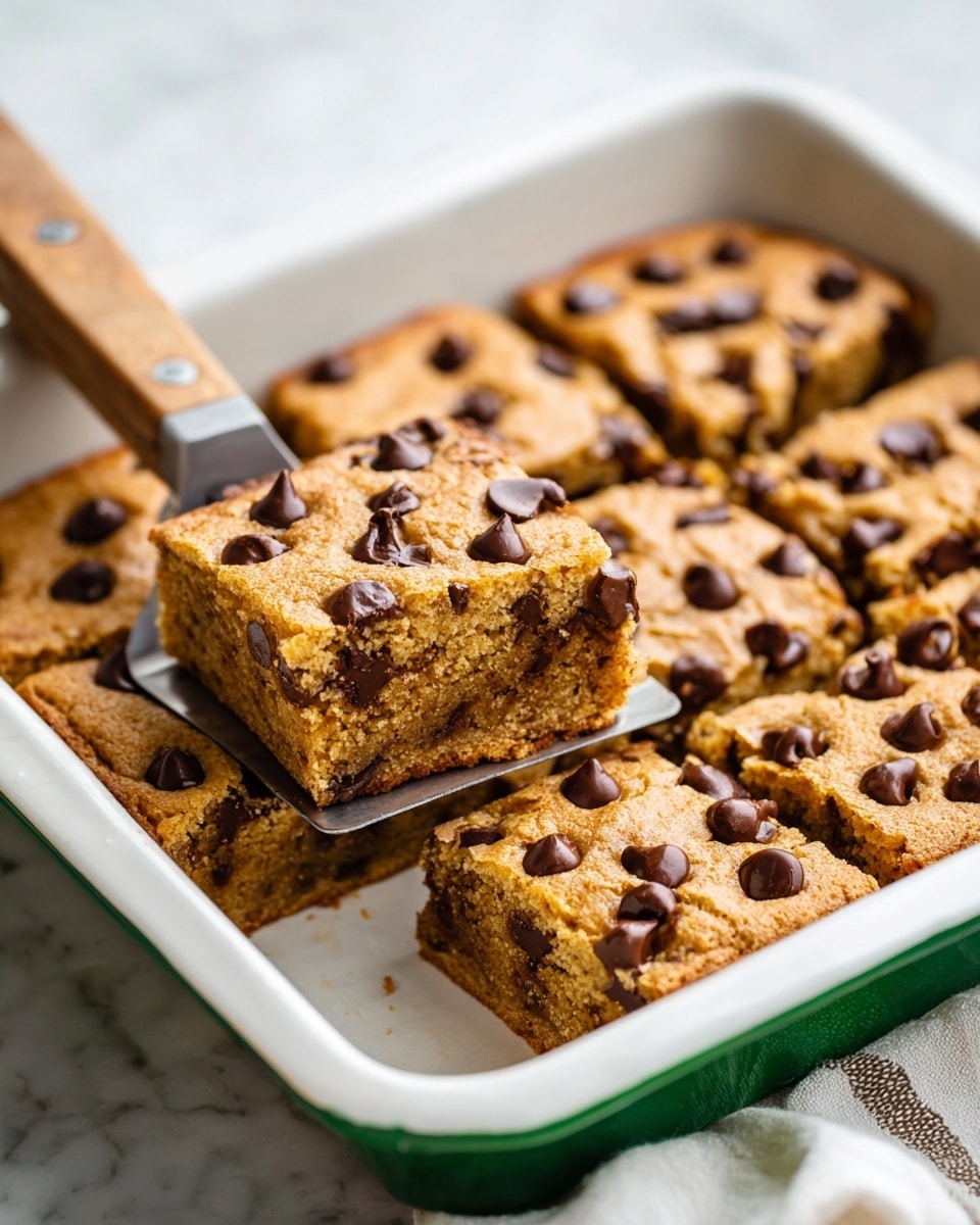 The image shows three square pieces of thick chocolate chip cake in a white speckled baking dish on a white marbled surface. Each cake piece has a light golden-brown color with many small, round dark chocolate chips spread evenly on the top layer and scattered inside the soft, moist texture. One piece is being lifted with a spatula that has a wooden handle, positioned on the right side of the dish, while the other two pieces remain in the dish. Photo taken with an iphone --ar 4:5 --v 7