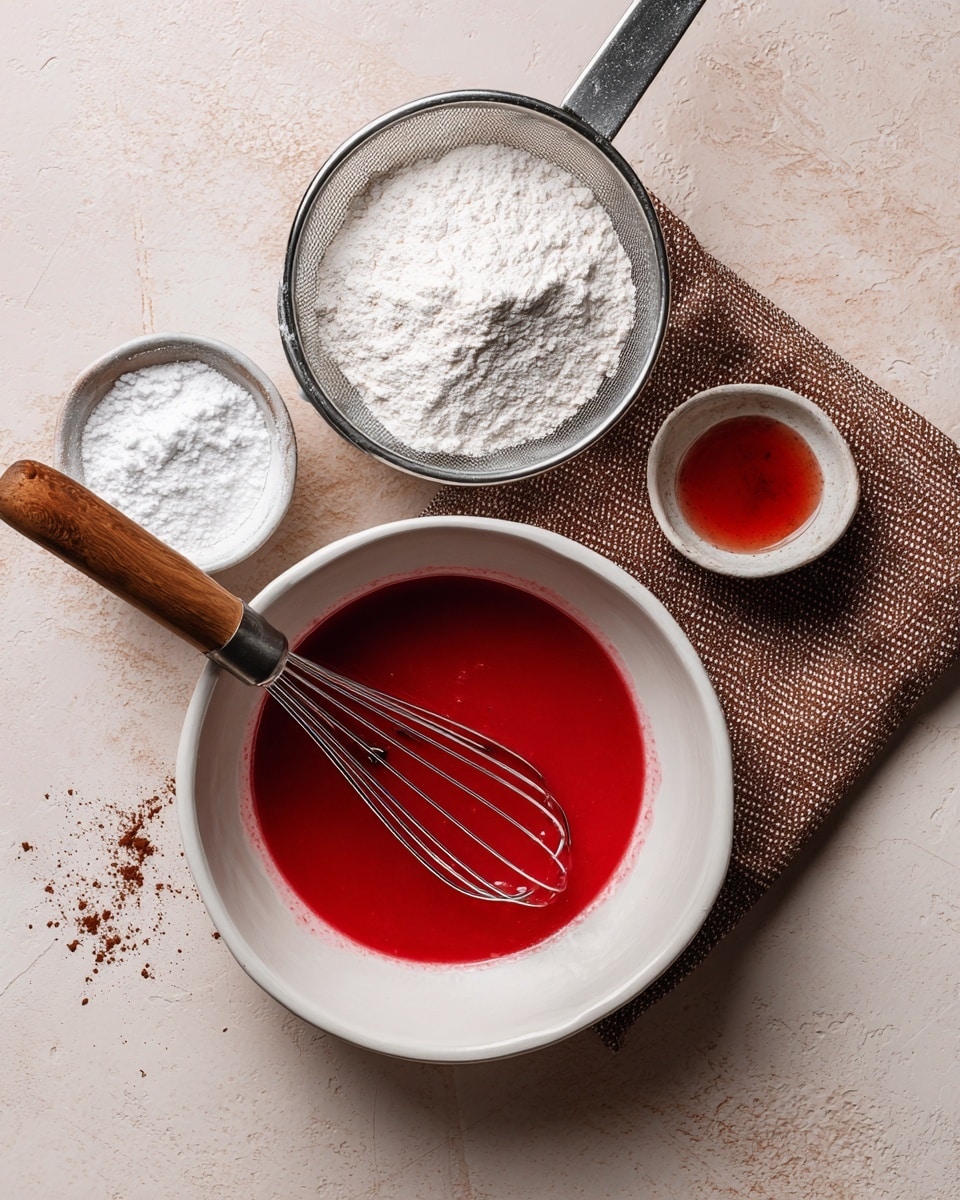 A white bowl with a metal sieve on top holds three layers of dry ingredients: white flour on the left, white sugar in the center, and brown cocoa powder on the right. Next to it on a white marbled surface is a white mixing bowl filled with bright red liquid batter, being stirred by a whisk with a wooden handle. There is a small metal spoon with red liquid in its bowl above the sieve, and the setup rests partially on a folded brown kitchen cloth with a textured pattern. photo taken with an iphone --ar 4:5 --v 7
