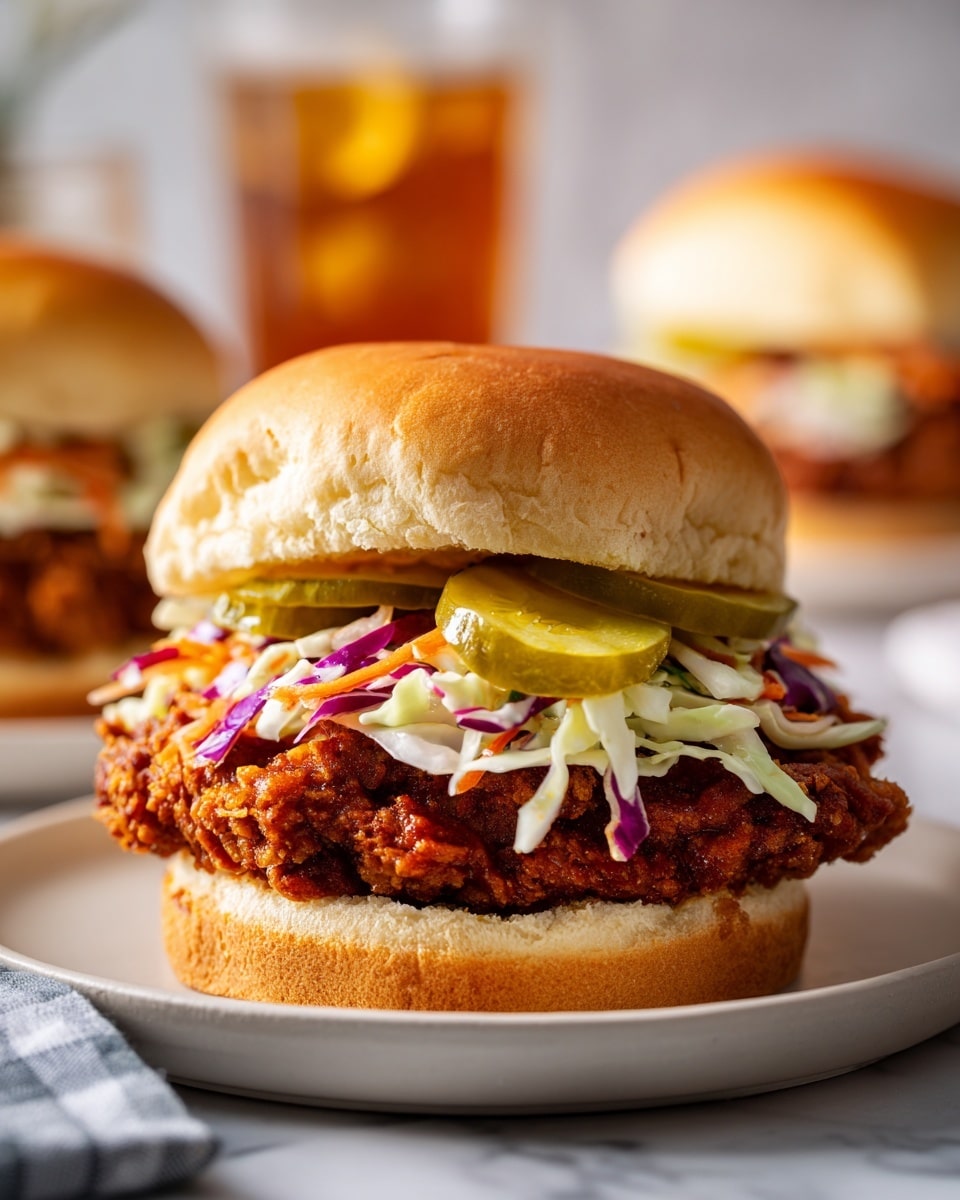 The image shows a close-up of a sandwich on a wooden surface with a dark brown background. The sandwich has three layers: the bottom layer is a soft, light brown bun; the middle layer is a piece of golden brown fried chicken coated with sauce; the top layer includes slices of green pickles, thinly shredded white cabbage, and a few strands of purple cabbage, all held together by the top part of the soft bun. The textures of the fried chicken are crispy and crunchy while the vegetables provide a fresh contrast. Photo taken with an iphone --ar 4:5 --v 7