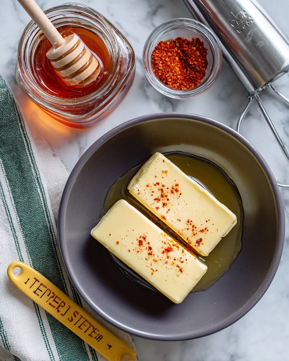 A dark gray mixing bowl holds two light yellow sticks of butter side by side, sprinkled with small red paprika powder on top. The butter sits in a small pool of honey at the bowl’s bottom. To the top right of the bowl, there is a silver beaters hand mixer resting with its cord running out of the frame. To the top left, there is a clear glass jar filled with honey and a honey dipper resting inside it with honey dripping down. Below the jar is a small clear glass jar filled with red paprika and a yellow measuring spoon labeled