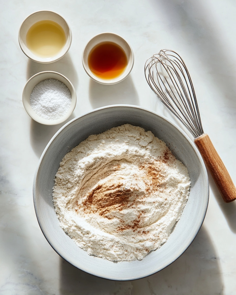 A light grey mixing bowl sits in the center on a white marbled surface, filled with one thick layer of white flour mixed slightly with light brown cinnamon powder, showing soft texture. To the right of the bowl is a metal whisk with a wooden handle resting on the surface. Above the bowl are three small white bowls, lined up in a row, containing layers of a pale yellow liquid, a white granular powder, and a clear amber liquid respectively. The scene is bright and clean, with soft natural light casting gentle shadows. photo taken with an iphone --ar 4:5 --v 7