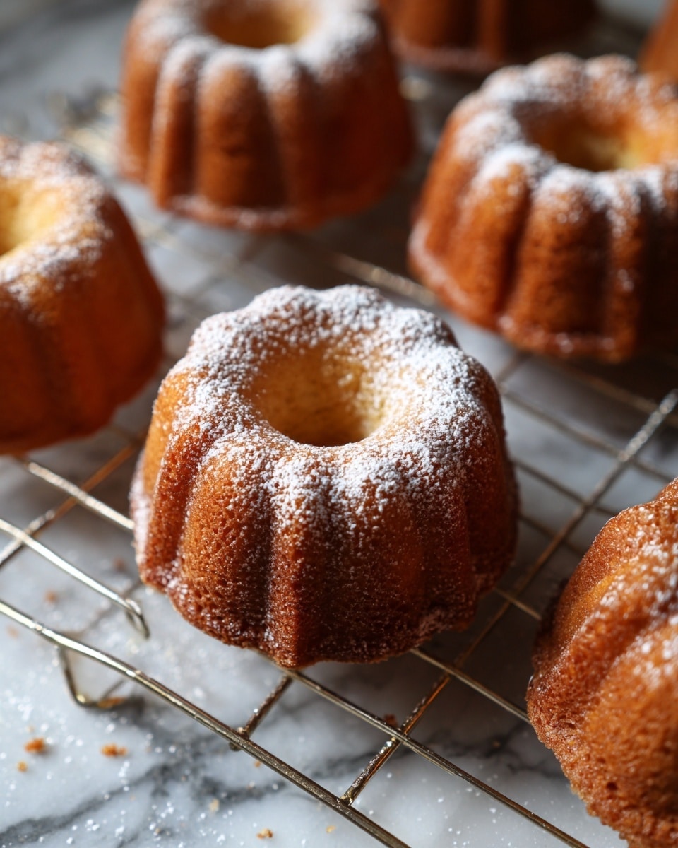 Several mini bundt cakes with a golden-brown crust are placed on a silver metal cooling rack. Each cake has a dusting of white powdered sugar on top. The cakes have a textured surface with visible ridges and a round hole in the center. The cooling rack is on a white marbled surface with small crumbs scattered around. The lighting is soft and natural, highlighting the warm colors and details of the cakes. photo taken with an iphone --ar 4:5 --v 7