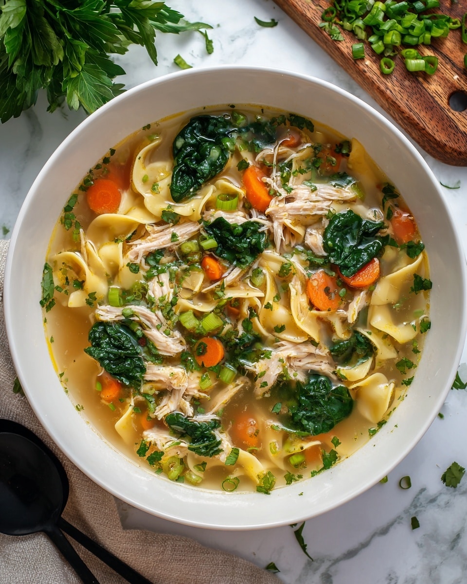 The image shows a white crockpot filled with a clear broth soup containing shredded light brown chicken, bright orange carrot cubes, pale green celery pieces, fresh dark green spinach leaves, and wavy-edged light yellow flat noodles floating on top. To the left of the crockpot, there is a wooden cutting board with chopped green onions and two whole green onions standing on it next to a small white bowl filled with fresh spinach leaves. On the right side of the crockpot, there is a white plate holding a teal soup ladle with a wooden handle. The surface is a white marbled texture. Photo taken with an iphone --ar 4:5 --v 7